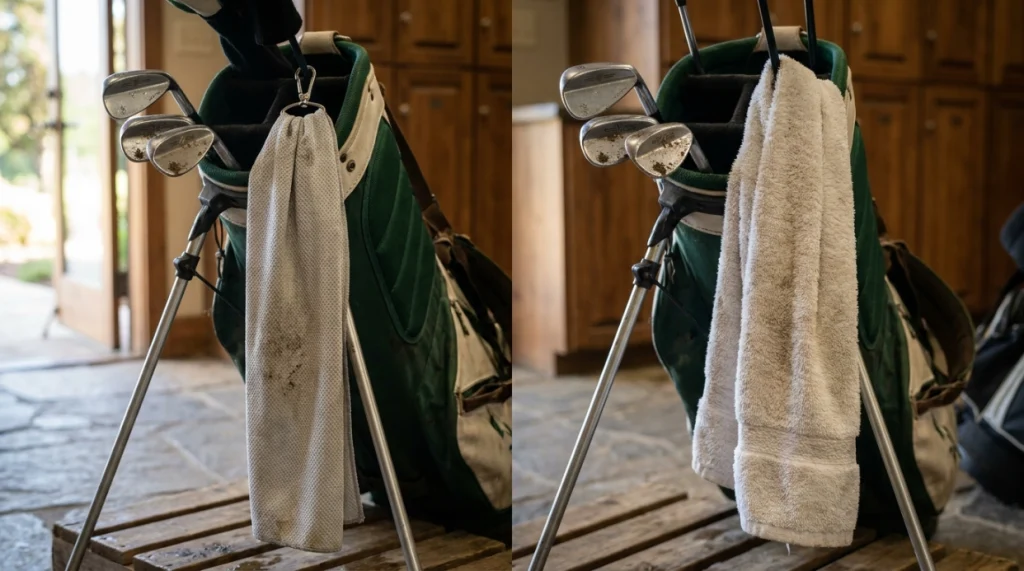Microfiber and cotton golf towels compared side by side beside golf clubs and a golf bag.