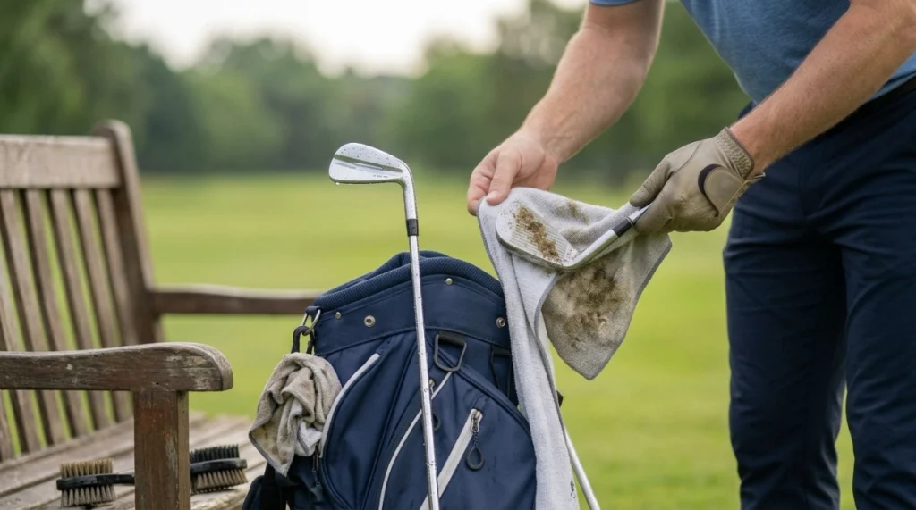 Golfer correcting common iron-cleaning mistakes beside a golf bag after a damp round.