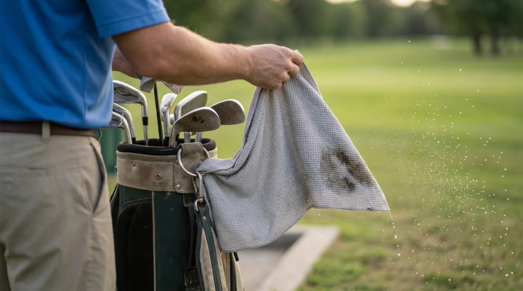 Golf towel absorbency test using a kitchen scale, water, and dry-versus-wet towel weights.
