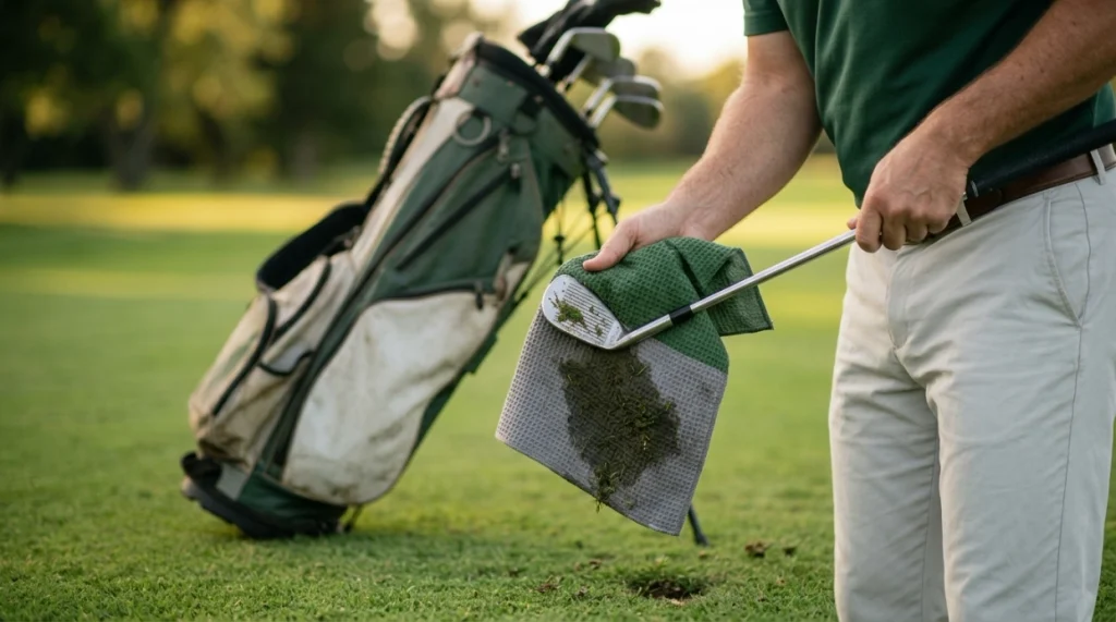 Golfer cleaning an iron with the damp section of a golf towel during a round.