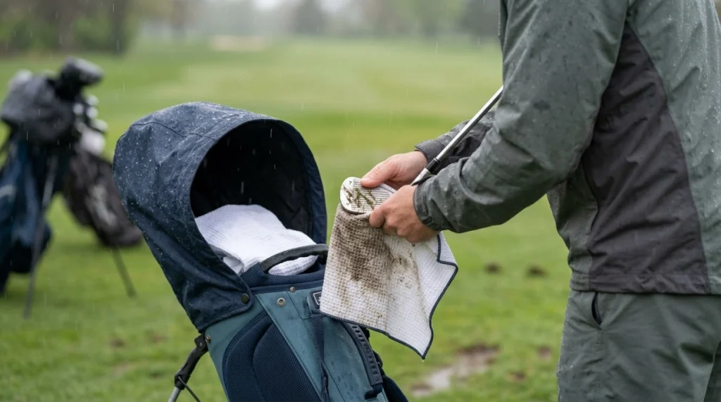 Golfer cleans wet club with microfiber while a second dry towel stays protected