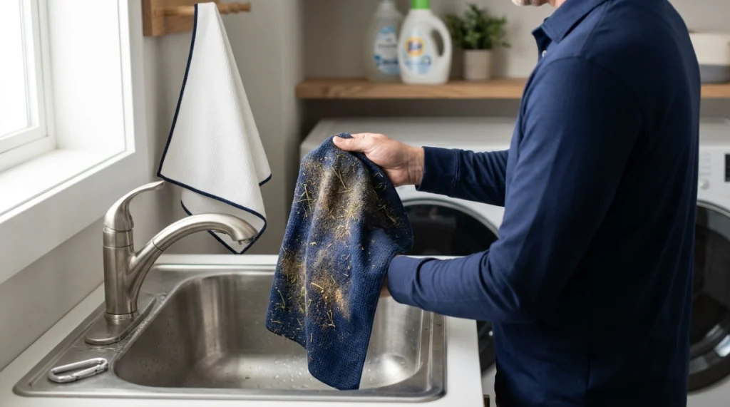 Golfer preparing a dirty blended golf towel for washing after removing debris and hardware.