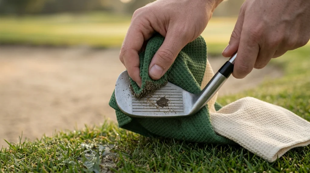 Sand and dried mud trapped between a microfiber towel and golf club before cleaning.