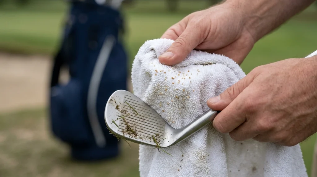 Sand trapped in a cotton golf towel beside an iron illustrates golf club scratch risk.