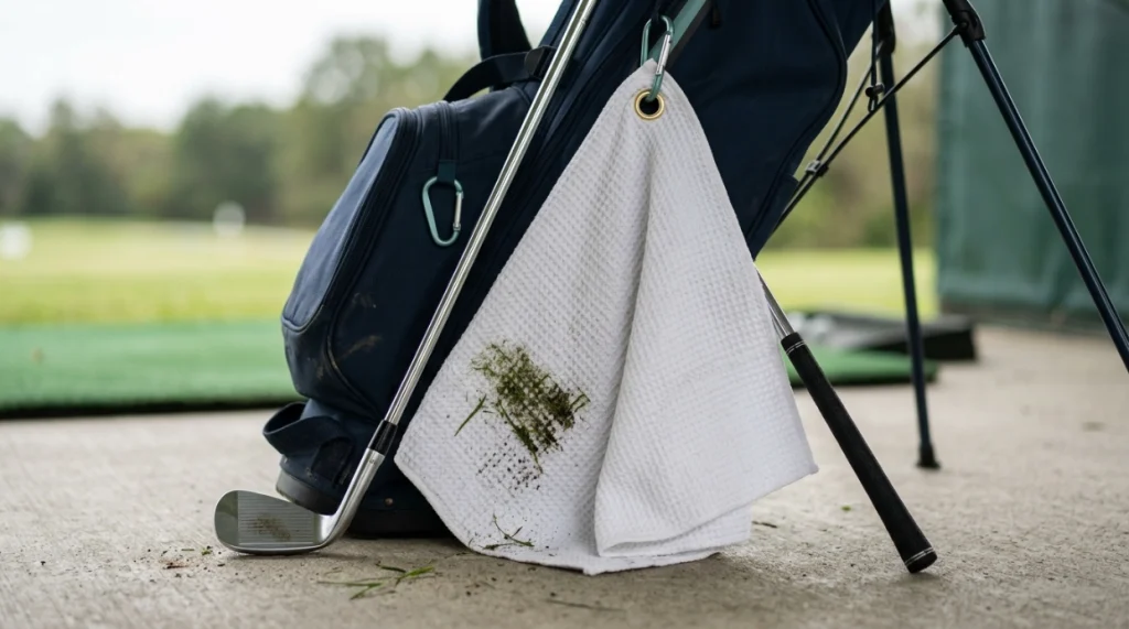 Waffle golf towel showing texture, wet and dry zones, low bulk, and secure bag attachment