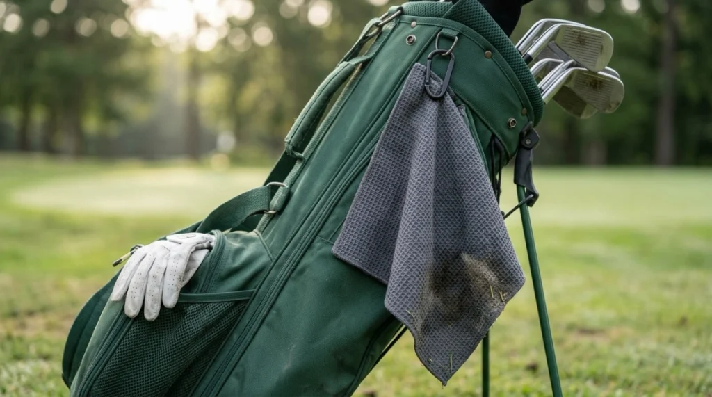 Waffle microfiber golf towel with raised grid and carabiner attached to a golfer's carry bag.