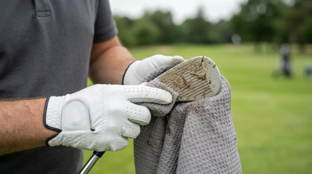Waffle weave golf towel cleaning sand, grass, mud, and moisture from a wedge clubface