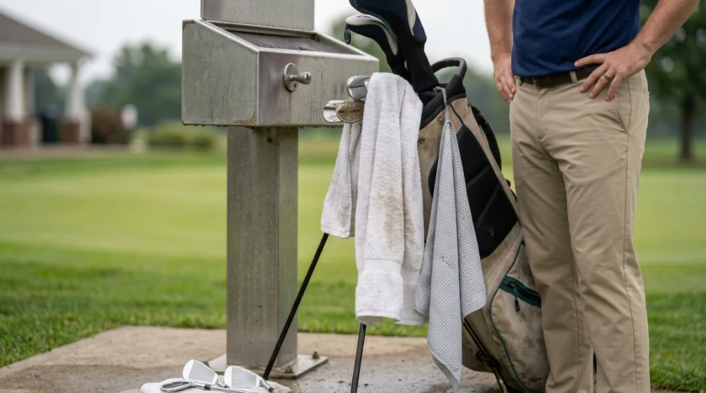 Thin waffle microfiber drying beside a damp cotton terry golf towel after club cleaning