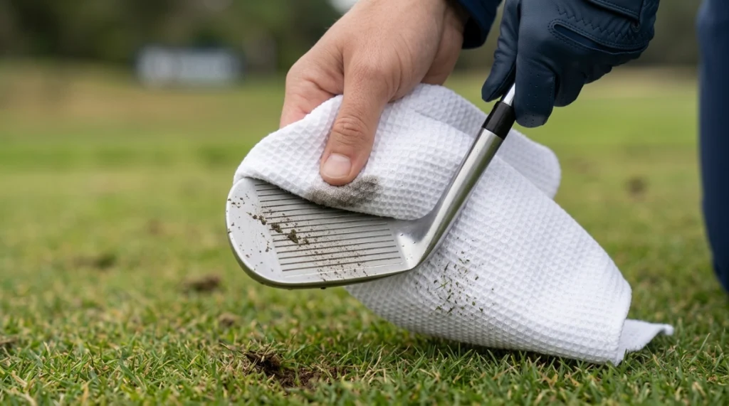 Close-up waffle microfiber towel cleaning grass and soil from recessed golf wedge grooves