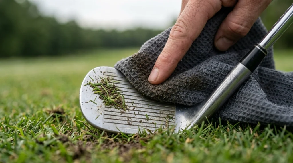 Damp waffle weave towel wiping grass and soil from a wedge face and grooves.