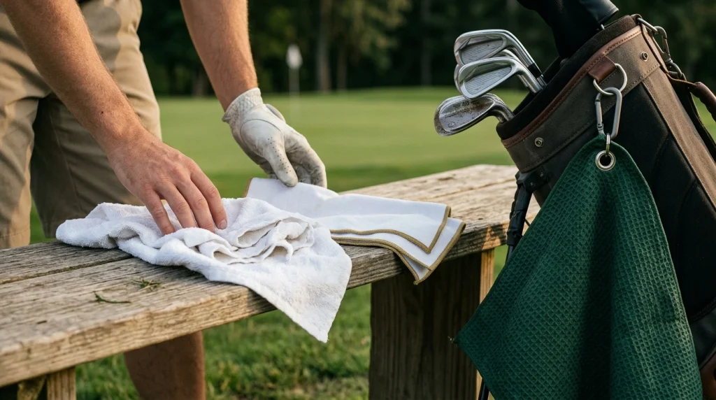 Large microfiber, traditional terry, and compact golf towels arranged beside a golf bag