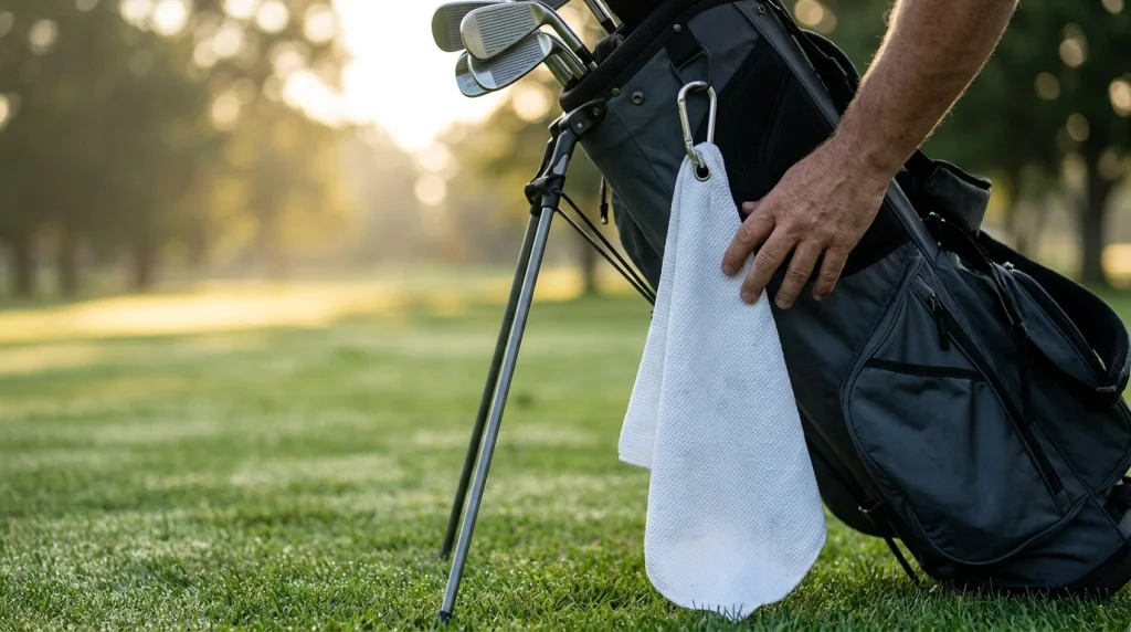White microfiber golf towel attached to a stand bag with a carabiner beside a fairway