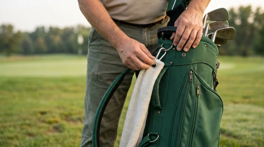 Golfer attaching a golf towel to a stand bag D-ring using a silver carabiner