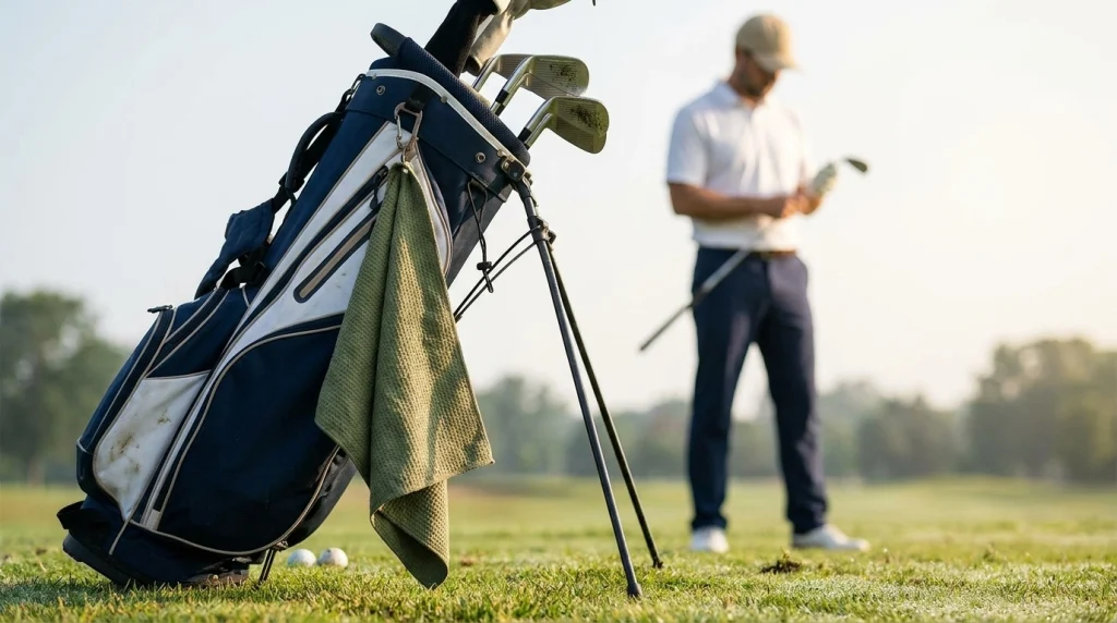 Plain microfiber golf towel clipped to a golf bag during equipment inspection on a practice course.