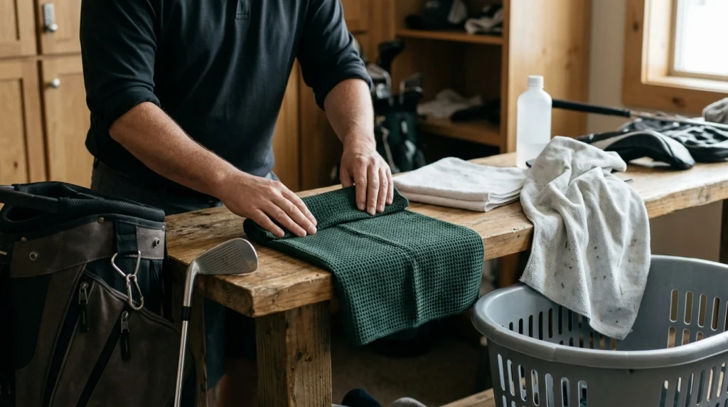 Golfer folding a clean microfiber golf towel beside a drying towel and golf bag