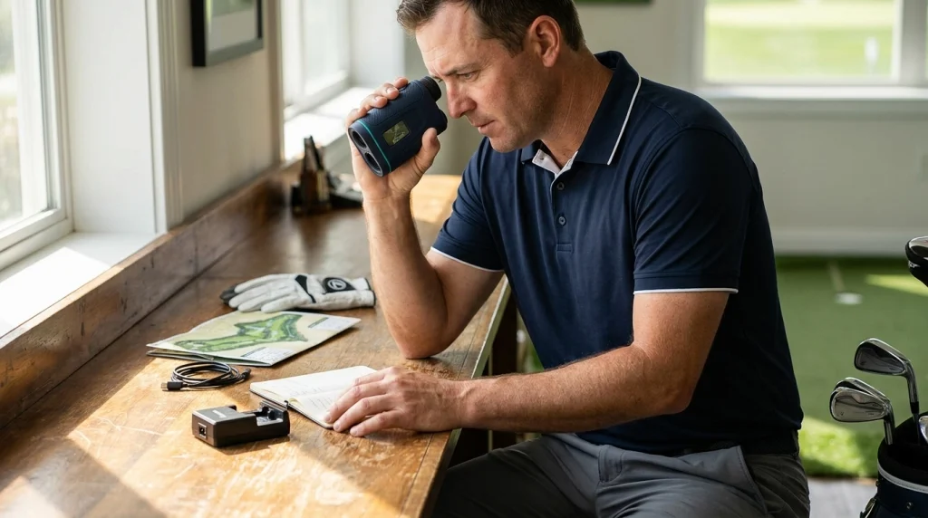 Golfer examining a hybrid golf rangefinder and checking its design and practical accessories before buying.