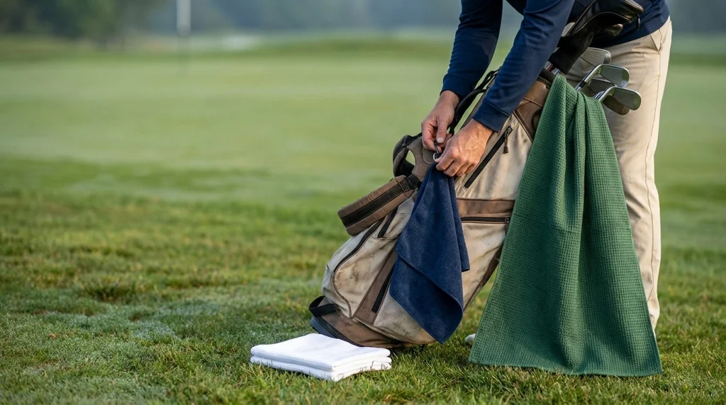 Golfer comparing compact, medium, and large tour golf towels beside a stand bag.
