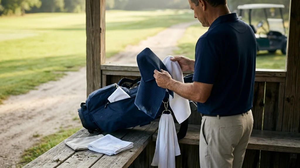 Golfer comparing microfiber and dry golf towels beside an open golf bag before a round