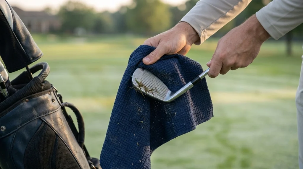 Close-up of a waffle-weave microfiber golf towel cleaning an iron clubface.