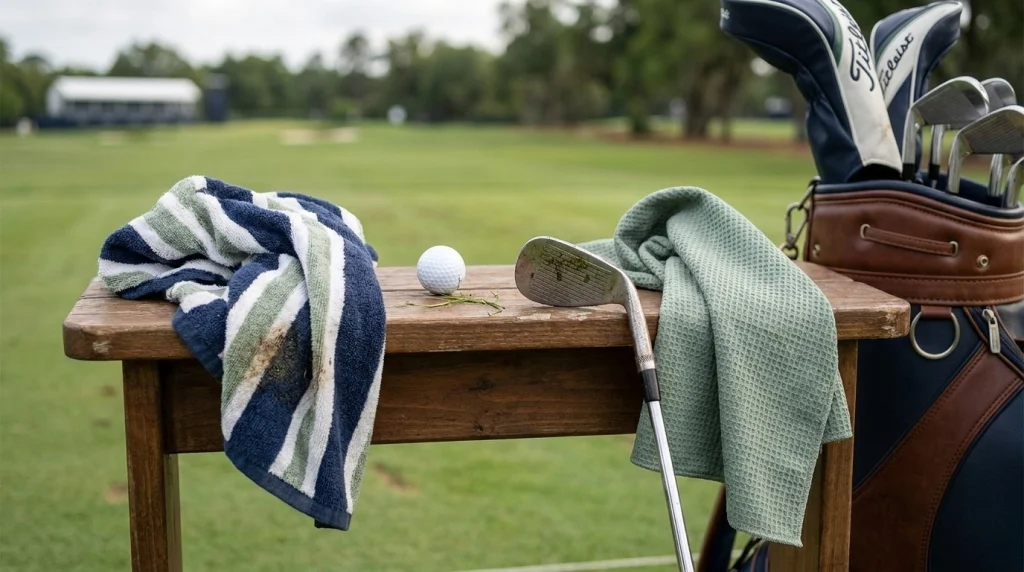 Terry-cotton and waffle-weave microfiber golf towels beside a wedge and ball on a golf-course bench.