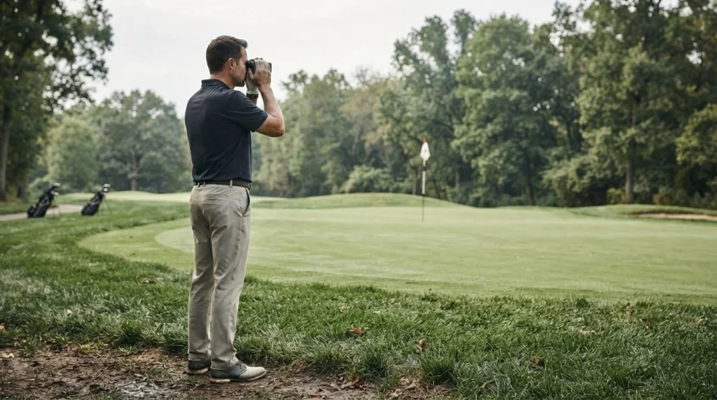 Golfer re-aiming a laser rangefinder to verify distance to a flagstick.