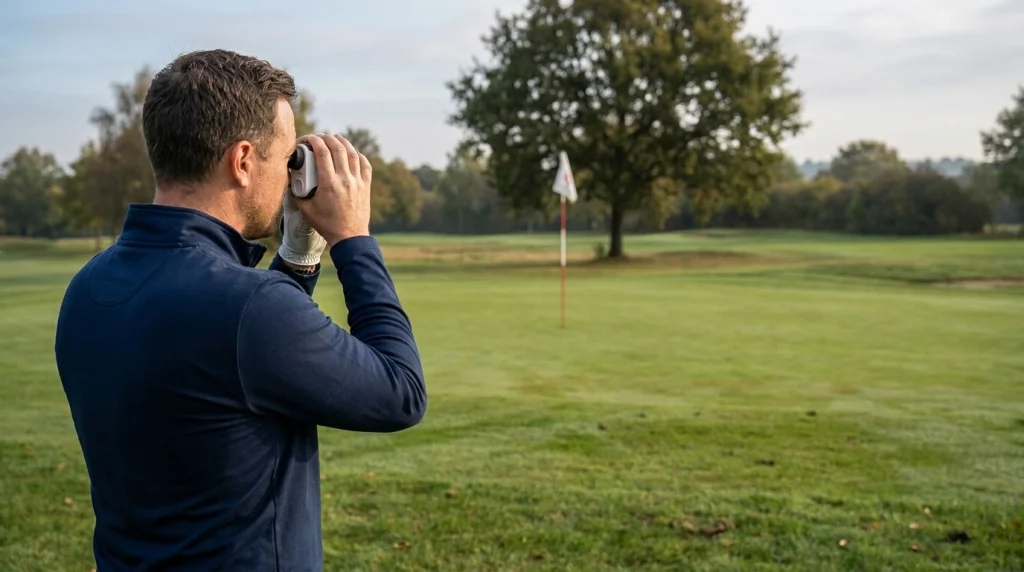Golfer aiming a laser rangefinder at a flagstick with a tree behind the green.
