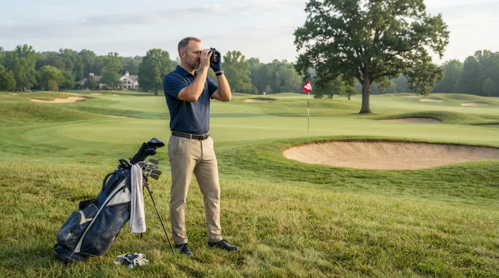Golfer using a golf rangefinder to measure a flagstick with a bunker beside the green.