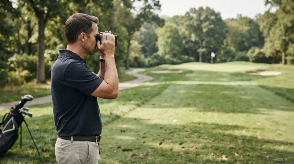 Golfer aiming a laser rangefinder at a flagstick to measure golf course distance.