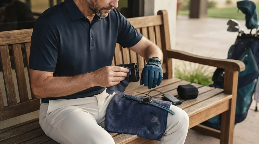 Golfer cleaning a laser rangefinder beside a GPS watch, charging cable, and protective case.