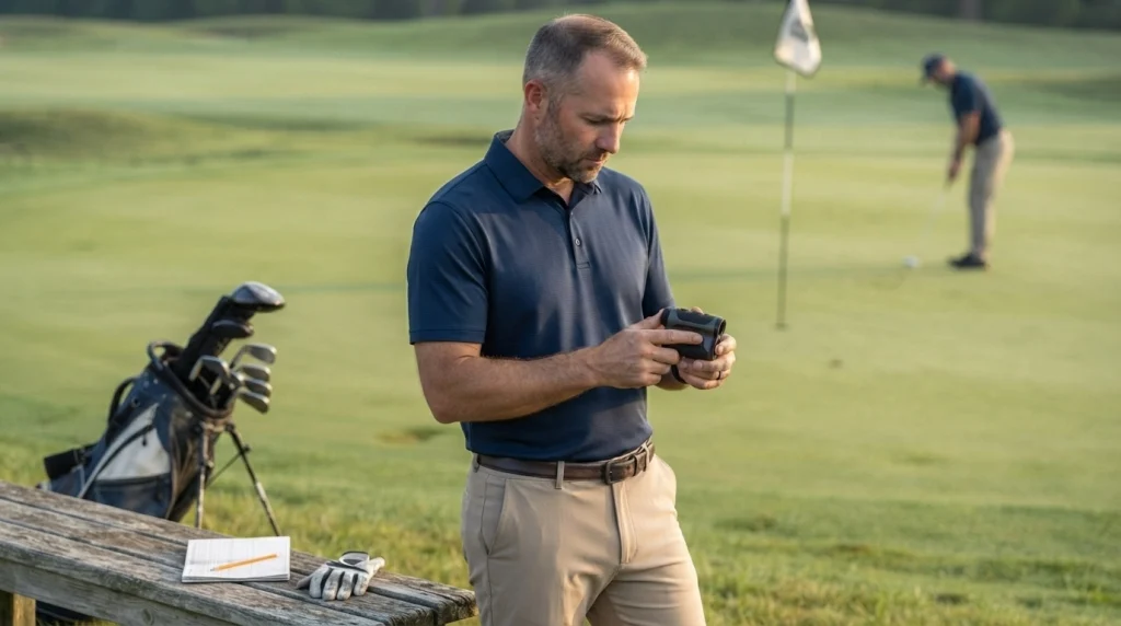 Golfer checking a laser golf rangefinder beside a golf bag before a tournament round.