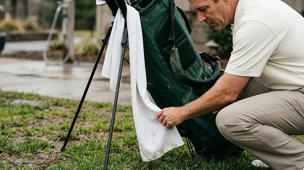 Golfer moving a loose towel away from a golf bag stand-leg hinge and wet grass.