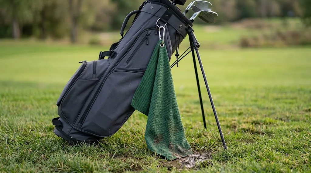 Green golf towel hanging too low from a stand golf bag and touching muddy grass