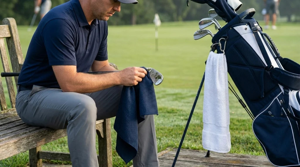 Golfer wiping grass from an iron clubface with a microfiber towel beside a golf bag.
