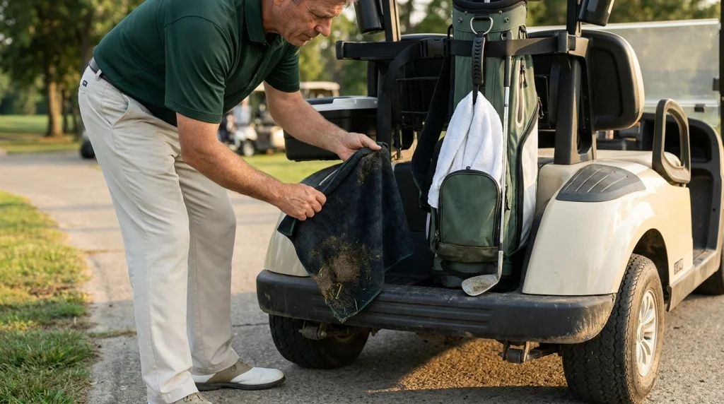 Golfer lifting a muddy towel from a cart floor to reattach it safely to a golf bag