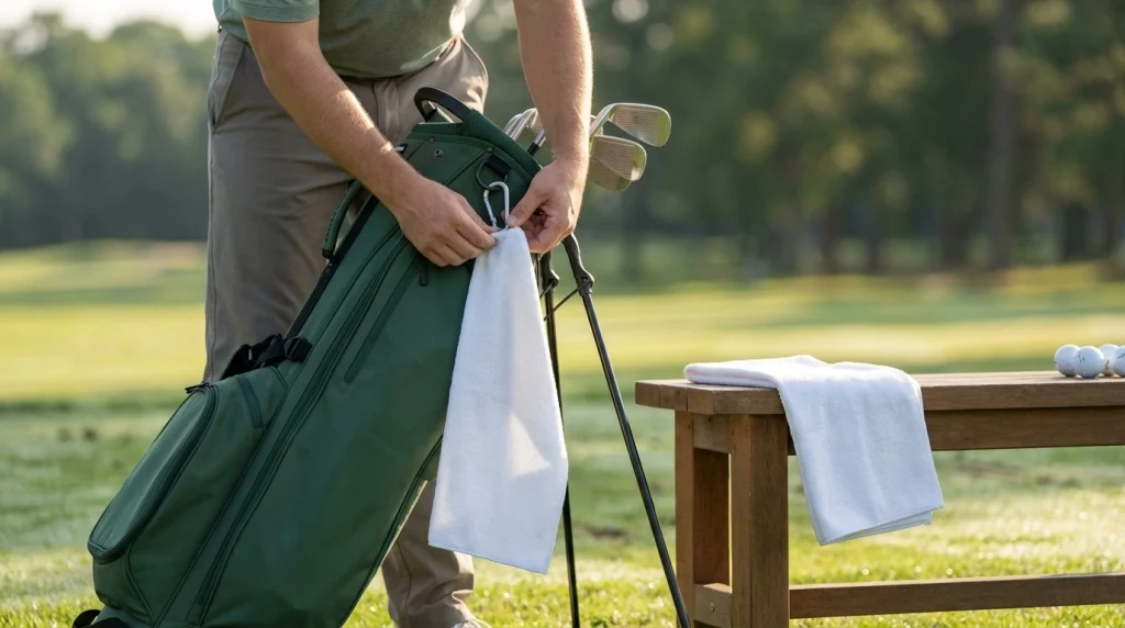 Golfer checking a towel carabiner and reinforced grommet before starting a round.