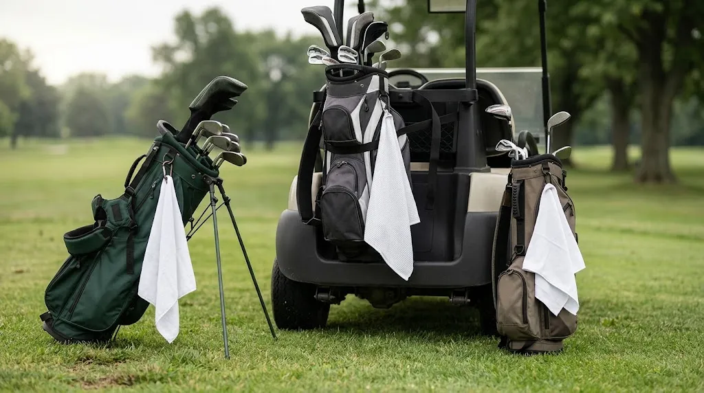 Three golf bag styles showing secure towel placement on stand, cart, and Sunday bags.