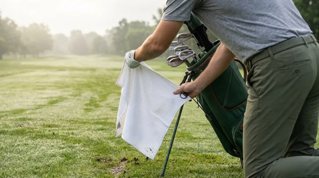 Golfer adjusting golf towel placement on a stand bag to prevent dragging and interference