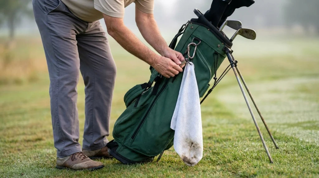 Golfer adjusting a low-hanging towel on a stand bag to keep it clear of the grass
