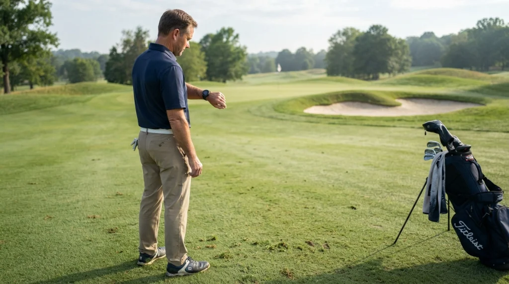 Golfer checking a GPS golf rangefinder watch on a fairway with the green visible ahead.