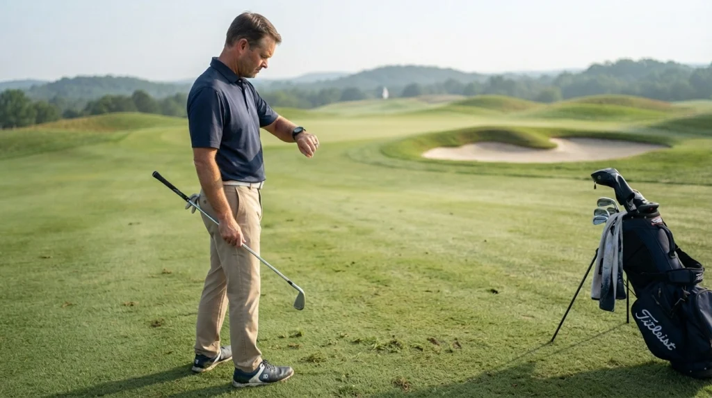 Golfer checking GPS golf rangefinder yardages before selecting a club for an approach shot.