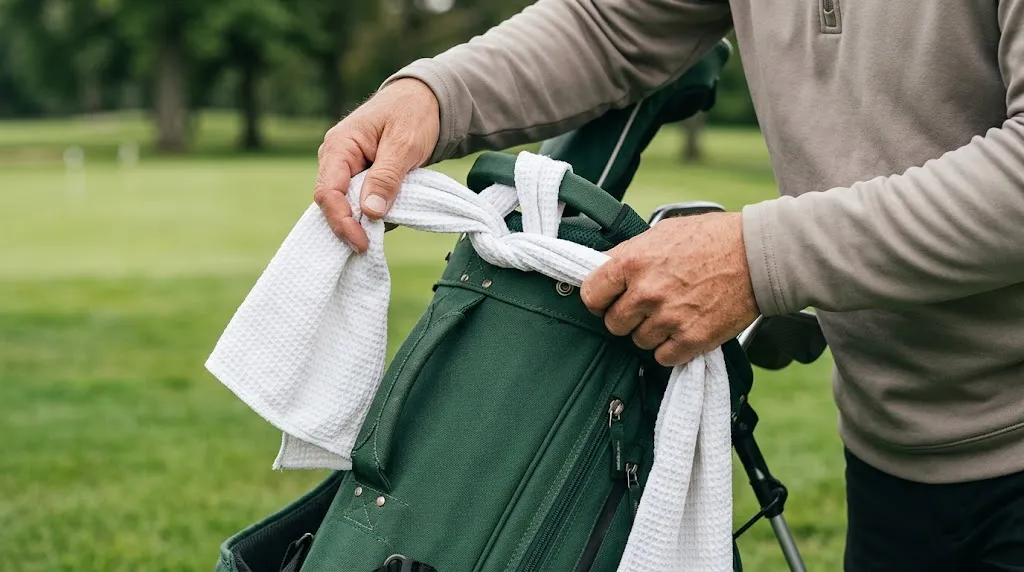 Golfer tying a folded microfiber towel through a golf bag handle without a clip.