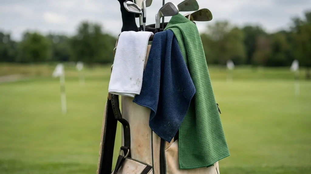 Compact, medium, and oversized tour golf towels arranged beside a golf bag for size comparison.
