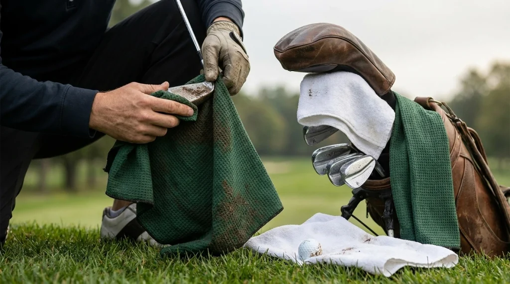 Golf caddie wiping dirt from an iron with a damp microfiber towel while keeping a second towel dry.