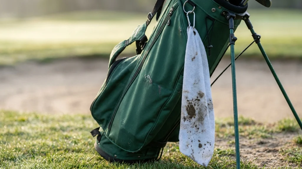 Damp sandy golf towel rubbing against a forest-green stand bag near its metal attachment ring.
