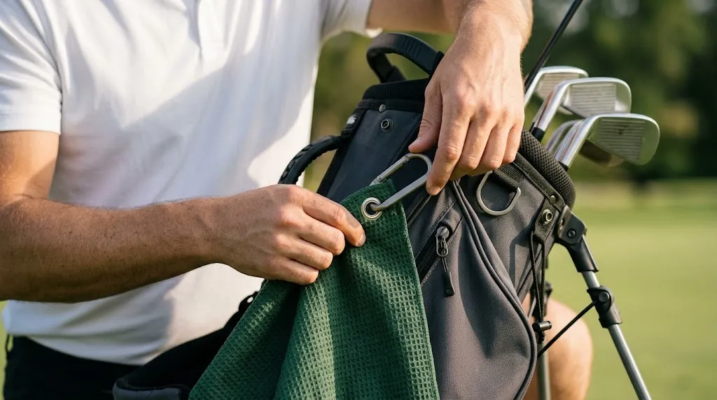 Close-up of hands attaching a green golf towel to a golf bag D-ring with a carabiner
