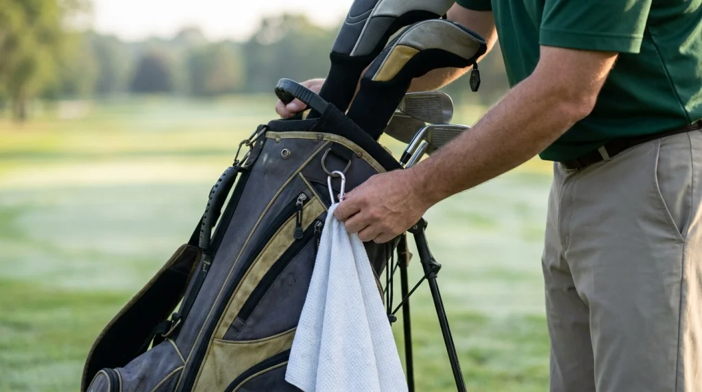 Golfer fastening a folded microfiber towel to a stand bag's upper ring with a locking carabiner.