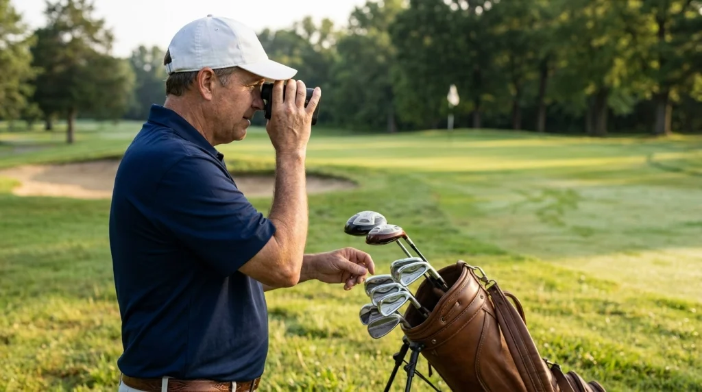 Golfer checking flagstick distance with a laser rangefinder before choosing a club for an approach shot.