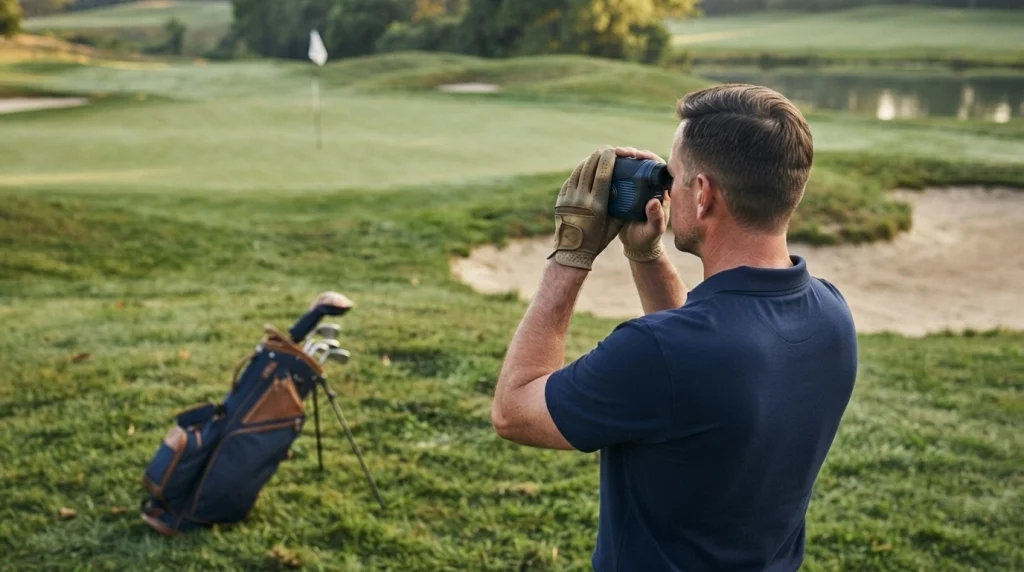 Golfer using a laser golf rangefinder to measure a flagstick near a bunker.