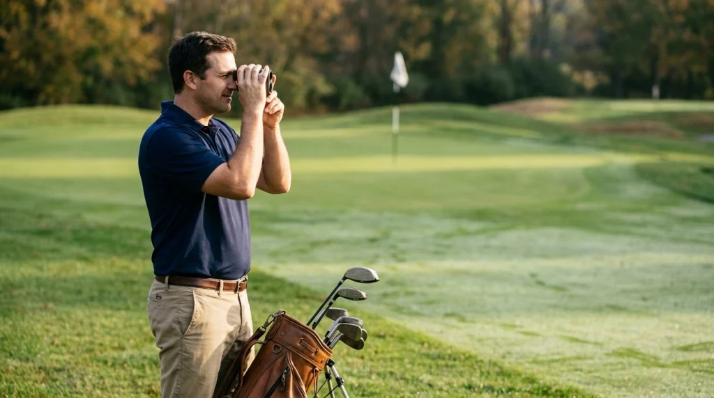 Golfer checking a laser rangefinder while preparing for an approach shot.