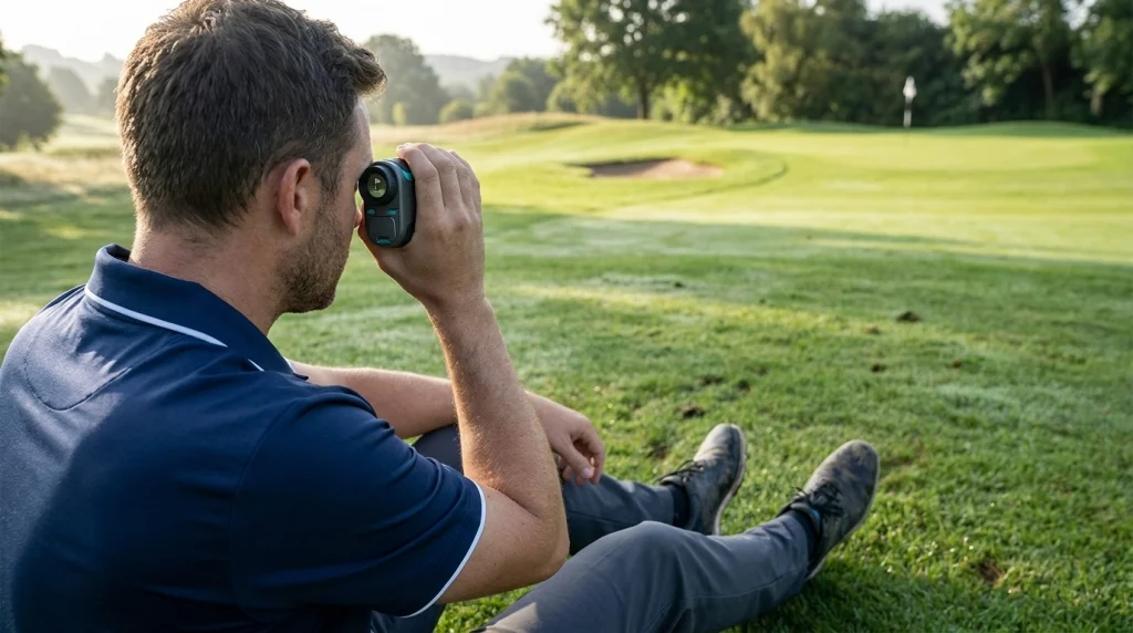 Golfer using a hybrid golf rangefinder to measure a flagstick with a bunker near the green.